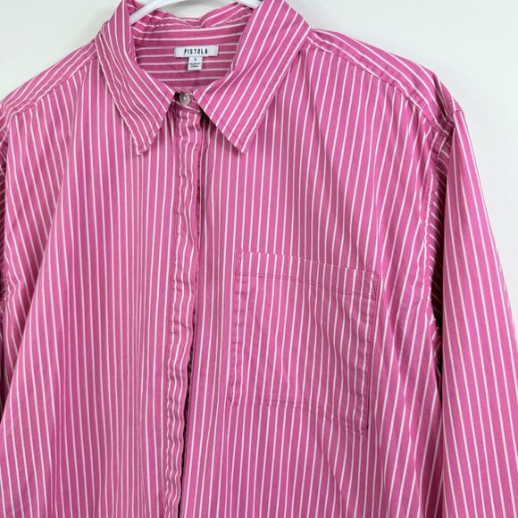 Pistola Amelie Pink White Pinstriped Romper Small Long Sleeved Collared Preppy - Picture 7 of 14